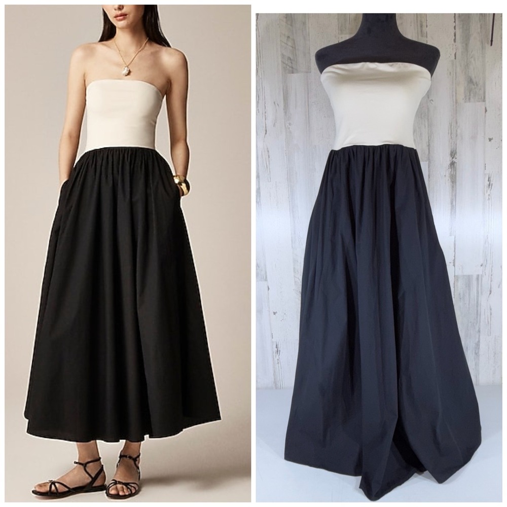 J Crew Strapless Maxi Dress Medium Cream Black Colorblock Pocket Cotton